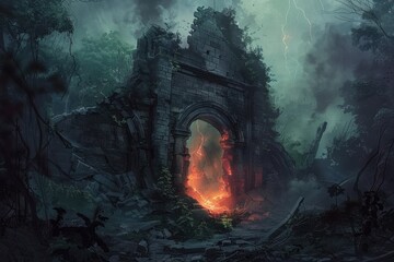 A Ruined Stone Archway with Fire and Lightning in a Dark Forest