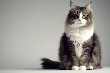Fototapeta premium Portrait of a fluffy tabby cat with white fur sitting on a neutral background, displaying an alert and majestic expression