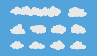 Flat cloud. Simple cloudy shapes. Cartoon white puffy, fluffy and cumulus clouds in blue sky. Abstract comic weather elements. Objects cloudscape for game. Vector collection.