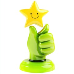 A green thumbs up hand holding a yellow star with a smiling face.