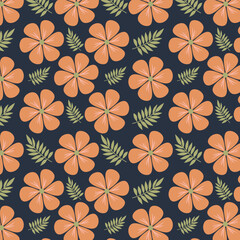 Seamless floral pattern with brown flowers and green leaves on dark blue background. Flower pattern for fabrics, wallpapers, textile and decoration. Floral vector pattern.