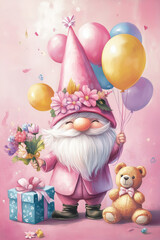 Fototapeta premium A festive gnome adorned with a bouquet and balloons stands with a gift box, surrounded by flowers, embodying celebration and happiness in soft colors.