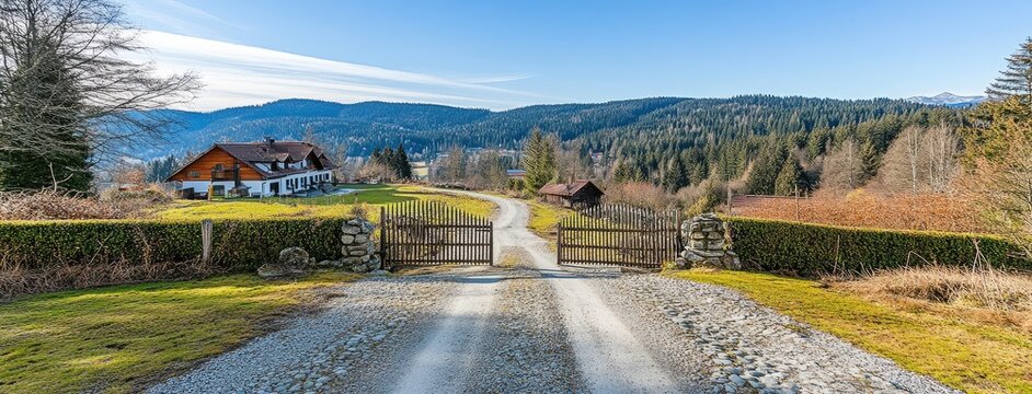 Modern wooden double gate leading to private residences in Loppy Trails, Germany on a sunny day amidst lush greenery