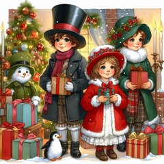 Christmas Children in the Snow - Watercolor Winter and Christmas Setting - Greeting Card - Traditional Dickens Style Nostalgic Victorian Painted Illustration - Children Singing Christmas Eve
