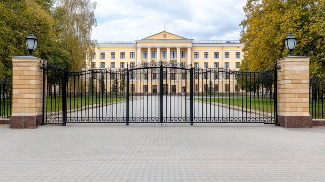 A striking black metal fence with an iron gate welcomes visitors to a grand Russian-style school on a sunny day