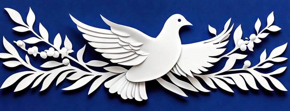 A white dove with an olive branch gracefully rests on a vibrant blue background, symbolizing peace and harmony for International Day of Peace