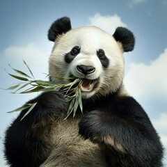 Obraz premium A happy panda bear is eating bamboo shoots against a blue sky with clouds.