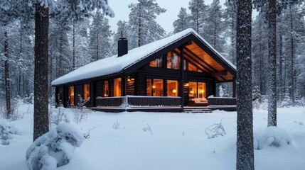 Fototapeta premium Scandinavian retreat with dark wooden exterior, open interior, snow-covered forest surroundings 