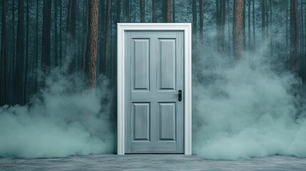 A mysterious door framed in white appears amidst swirling green smoke in an enchanting forest setting at twilight