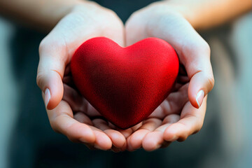 Fototapeta premium Hands offering a vibrant red heart symbolize support, love, and charity on International Day of Non-Violence