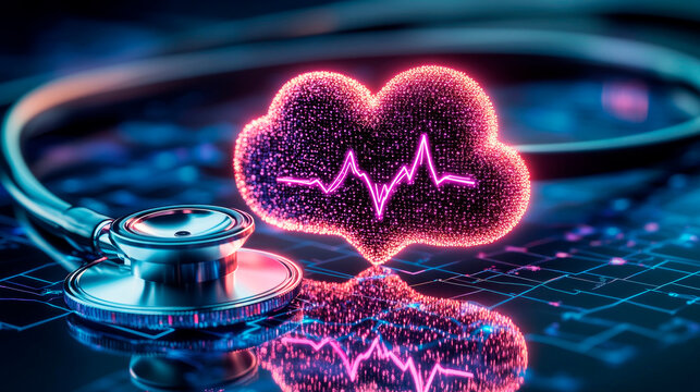 Innovative healthcare technology integrates stethoscope with digital cloud and heartbeat graph to enhance patient monitoring