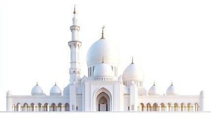 Obraz premium A magnificent white mosque featuring a towering minaret and domes, showcasing exquisite architecture against a simple backdrop