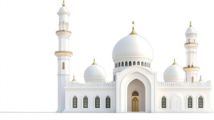Obraz premium A stunning white mosque with a large dome and tall minaret set against a clear background, showcasing intricate architectural details at dusk