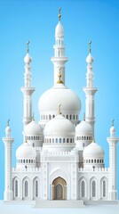 Obraz premium Elegant mosque with white dome and minarets showcasing stunning architectural beauty against a soft blue background