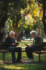 Fototapeta premium Two older men are deeply engaged in a conversation while sitting on benches in a peaceful park. The autumn leaves create a serene backdrop in the afternoon light