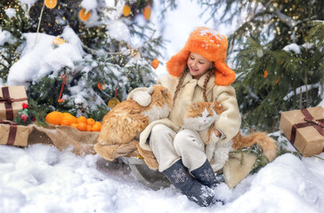 A little cheerful girl kid with New Year's fruit orange and with a pet cat at winter