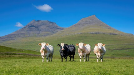 Cows grazing peacefully in a lush pasture near majestic mountains under a clear blue sky, captured in vibrant natural light