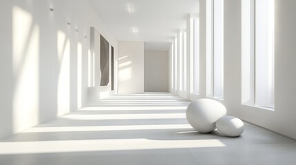 Minimalist Art Gallery Interior, featuring bright white walls, strategically placed sculptures, creating an atmosphere of elegance and tranquility, inviting contemplation and inspiration