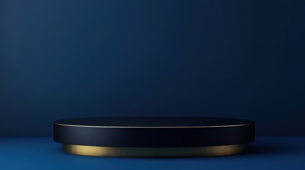 Elegant and Minimalist Showcase Platform with a Dark Blue Background and Golden Accents for Product Photography and Display in Studio Settings