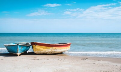 Two colorful local boat parks on the beach and blue sky background, Generative AI 