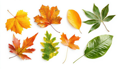 Colorful autumn leaves in various shapes and sizes, showcasing vibrant hues of orange, yellow, and green, perfect for seasonal decor or nature themes