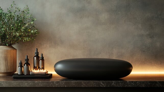 Elegant Minimalist Spa Arrangement Featuring Natural Oils, Stones, and Soft Lighting in a Calm and Serene Setting for Relaxation and Meditation