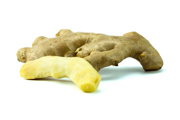 Fototapeta premium Fresh ginger with peel and un peel isolated on white background close up with clipping path stack