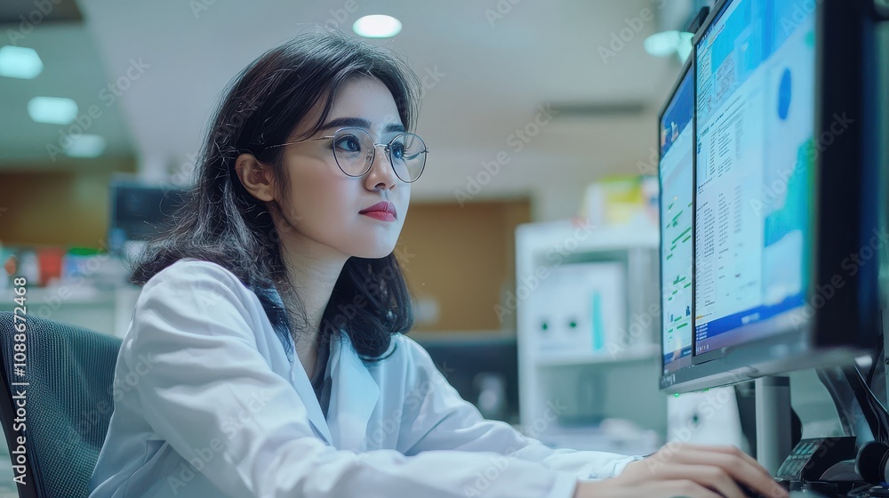 Poster Woman Data Analyst Working with Charts at Computer