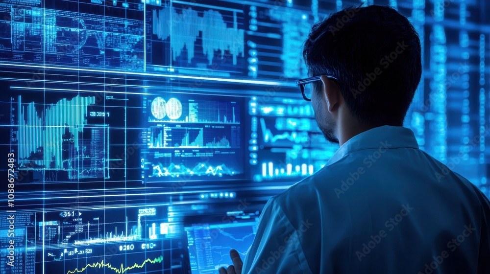 Aufkleber Researcher Analyzing Data on a Bright Computer Screen