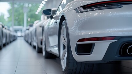 Luxury car showroom with stunning vehicles on display in bright daylight highlighting elegant design and modern aesthetics