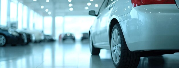 Explore a modern car showroom featuring luxury vehicles in a stylish white interior with a blurred background for an elegant vibe
