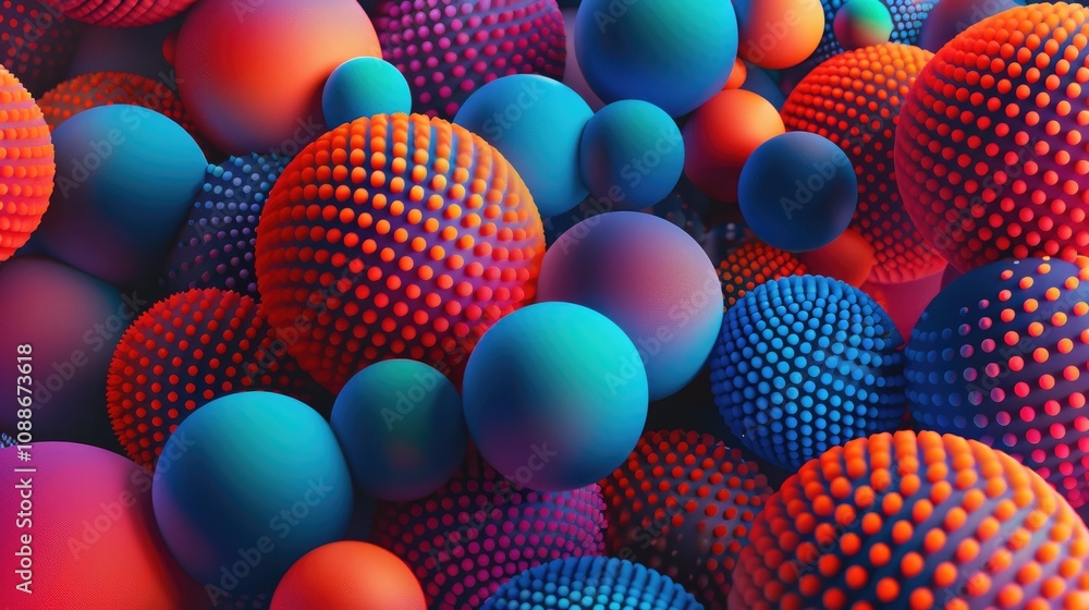 Poster abstract 3d rendering of chaotic colorful spheres. futuristic background with balls.