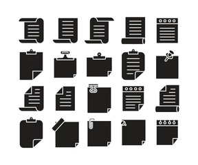 note paper, memo and document icons set