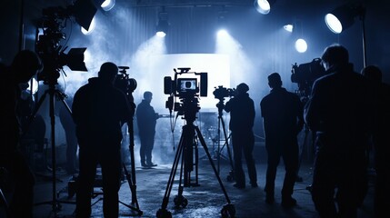 Fototapeta premium Silhouettes of Film Crew Members Shooting a Scene in a Studio
