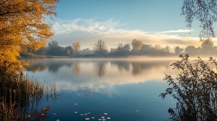 Fototapeta premium Misty Autumn Lake Sunrise