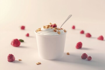 A white container of yogurt with raspberries and granola on top