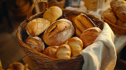 warm glow over a basket full of various artisan breads, showcasing crusty textures and golden hues