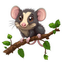 Cute Cartoon Opossum Sitting on a Branch