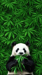 Fototapeta premium Gentle panda enjoys fresh bamboo amidst lush green foliage in a serene forest setting