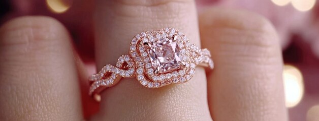 A beautiful close-up of an intricate engagement ring sparkling with diamonds amid a romantic soft-lit background