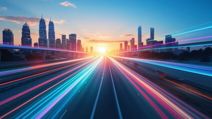 A blurred cityscape of tall buildings with a highway leading into the distance with colorful light trails.