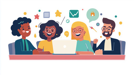 Illustration colorée d'un groupe diversifié de professionnels souriants collaborant autour d'un ordinateur portable, symbolisant la créativité et le travail d'équipe dans un environnement positif.