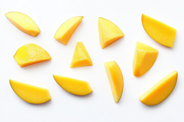 Fototapeta premium Fresh mango slices arranged artistically on white background, showcasing vibrant yellow color and juicy texture. Perfect for food photography and healthy eating concepts
