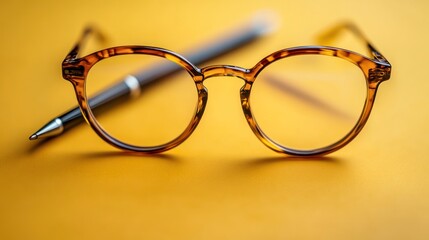 A pair of tortoiseshell glasses and a pen lay on a yellow surface.