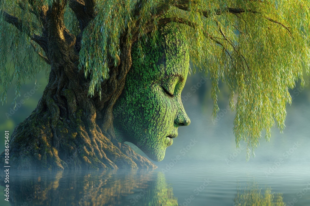 Poster a tree with a face on it is surrounded by water