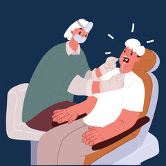 Cartoon vector illustration of a female dentist performing a dental checkup, emphasizing oral health and care over dark background