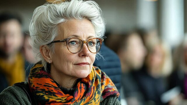 A mature woman with short, gray hair and glasses attends a daytime event. She wears a colorful scarf. The setting appears to be indoors