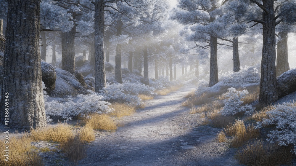 Poster serene winter forest path illuminated by soft light.