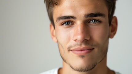 Fototapeta premium A young man with brown hair and blue eyes looks thoughtfully at the camera.