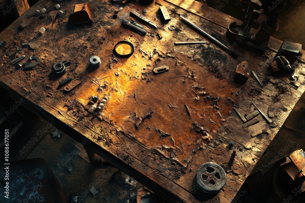 Poster a table with a lot of tools and junk on it